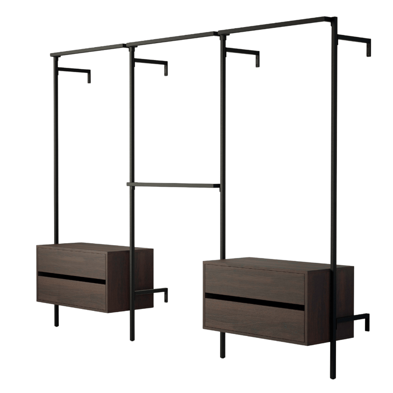 Frame Walk-In 3 Reihen Kleiderstangensystem - (1 Kleiderstange + 1 Kommode / 2 Kleiderstangen / 1 Kleiderstange + 1 Kommode) aus schwarzem Metall mit Holzkommoden