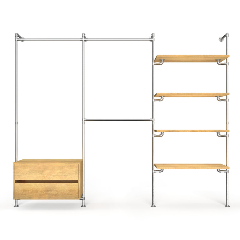 Original Walk-In 3 colonnes penderie avec commode - (1 rail + 1 commode / 2 rails /  4 étagères)