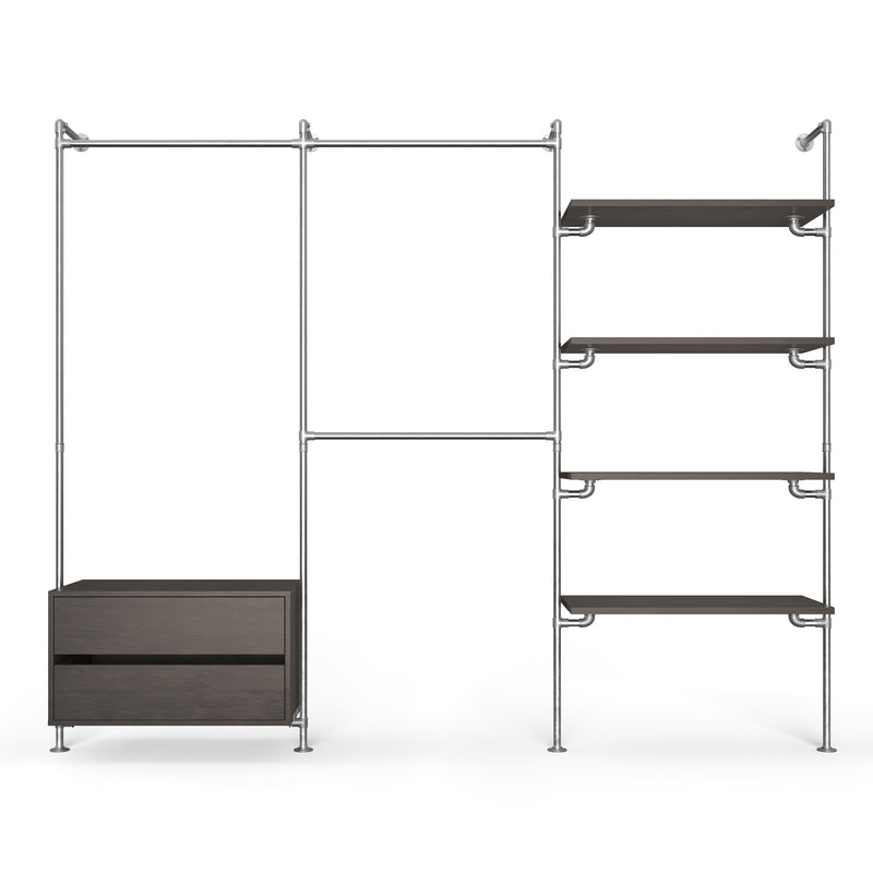 Original Walk-In 3 colonnes penderie avec commode - (1 rail + 1 commode / 2 rails /  4 étagères)